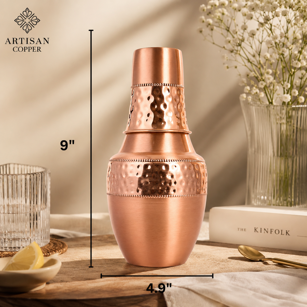 Artisan Copper Pure Copper Bedside Carafe with Tumbler, 1.4 L, Food Grade Handcrafted Copper Water Carafe Set for Bedroom, Nightstand, Office & Home