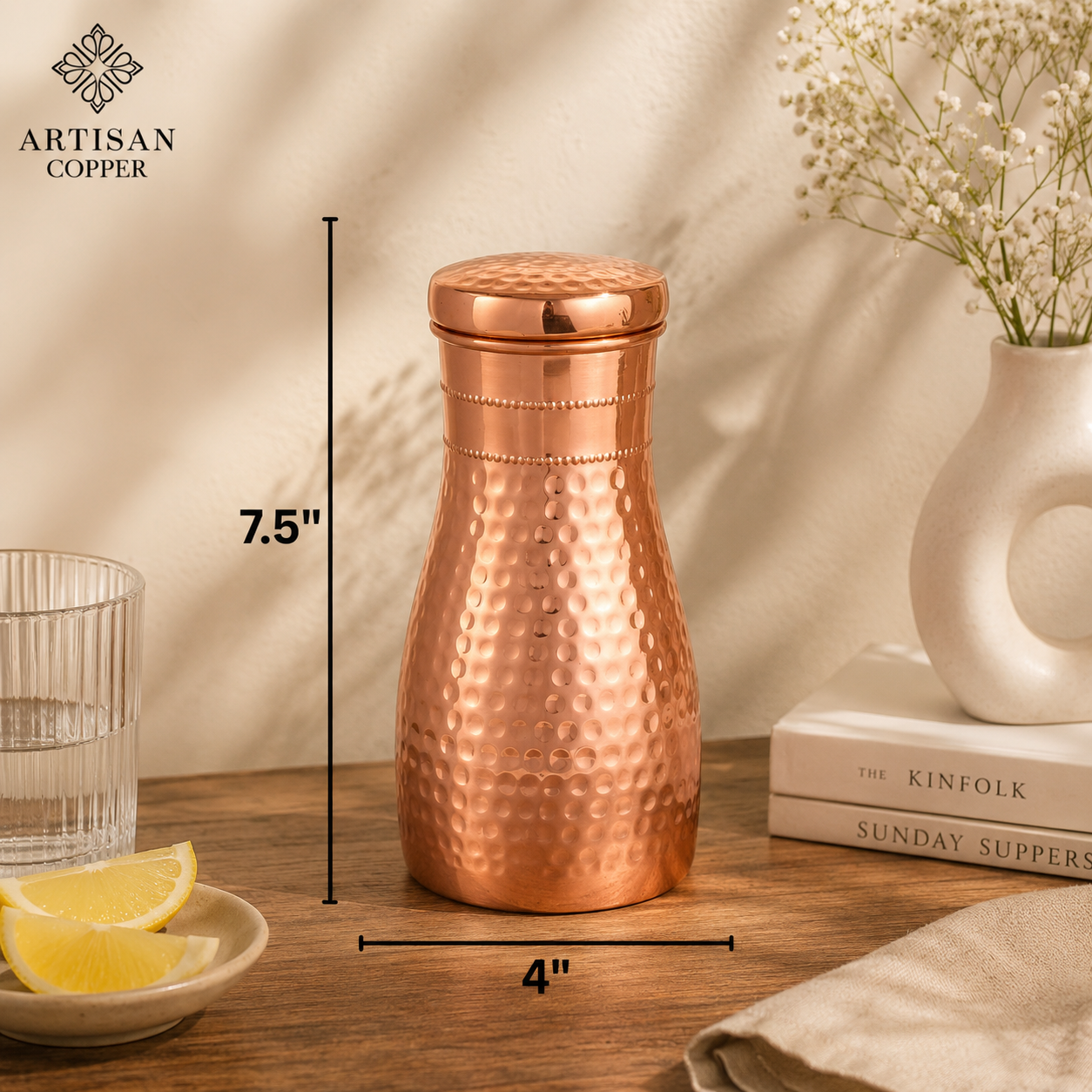 Artisan Copper Pure Copper Bedside Carafe (1.4L) with Tumbler – Pure Food-Grade Handcrafted Copper Water Carafe Set for Bedroom, Nightstand, Office & Home