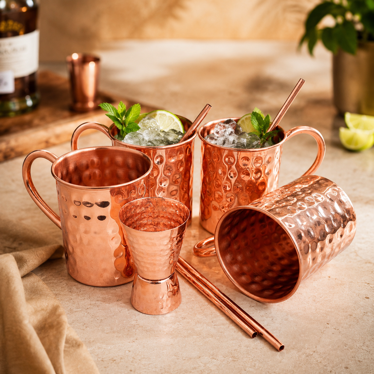 Artisan Copper Pure Copper Moscow Mule Mugs Set of 4 (16 oz) with 4 Copper Straws & 1 Jigger – Handcrafted Hammered Copper Cocktail Cups