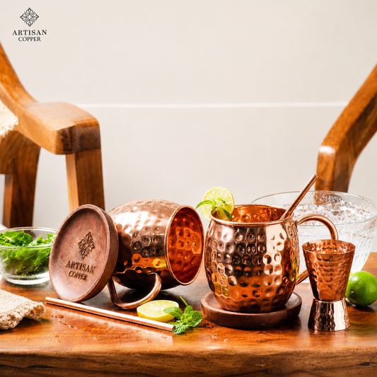 Artisan Copper Pure Copper Moscow Mule Mugs Set of 2 (16 oz) with 2 Copper Straws, 2 Wooden Coasters & 1 Jigger – Handcrafted Hammered Copper Cocktail Cups