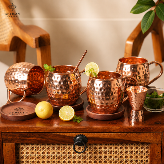 Artisan Copper Pure Copper Moscow Mule Mugs Set of 4 (16 oz) with 4 Copper Straws, 4 Wooden Coasters & 1 Jigger – Handcrafted Hammered Copper Cocktail Cups