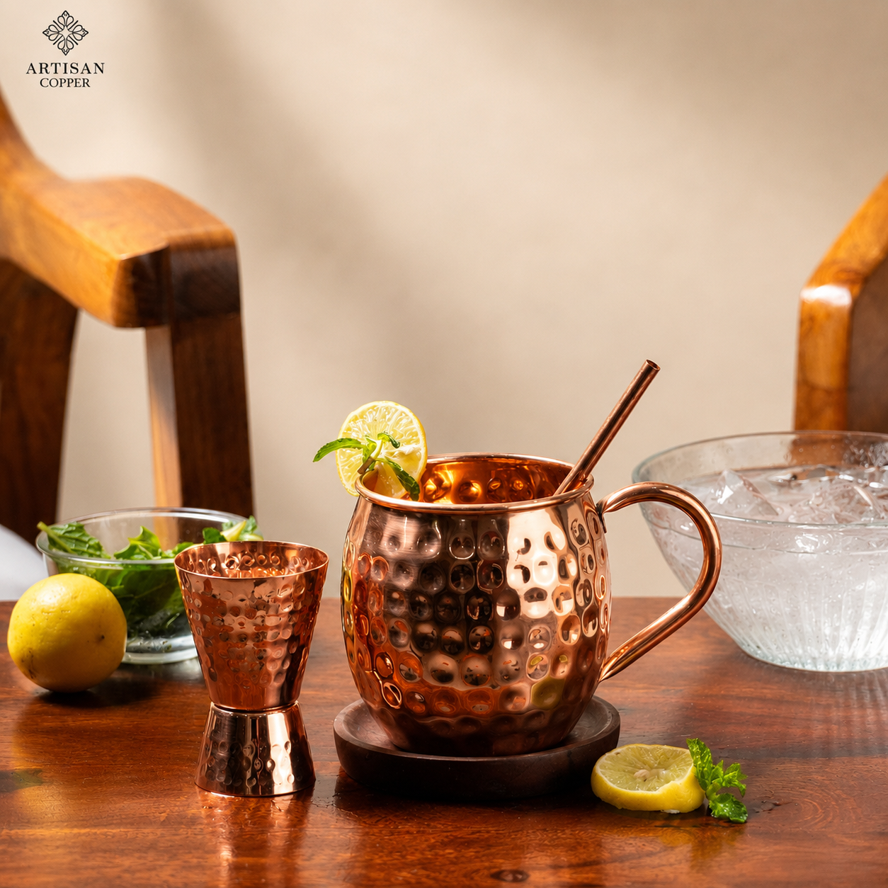 Artisan Copper Pure Copper Moscow Mule Mugs Set of 2 (16 oz) with 2 Copper Straws, 2 Wooden Coasters & 1 Jigger – Handcrafted Hammered Copper Cocktail Cups