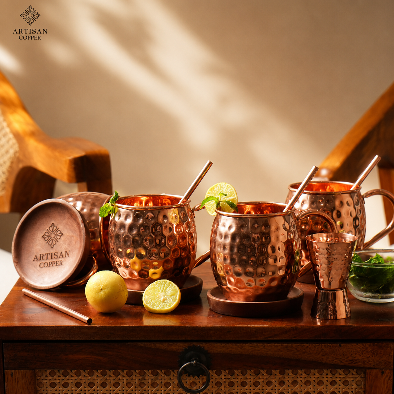 Artisan Copper Pure Copper Moscow Mule Mugs Set of 4 (16 oz) with 4 Copper Straws, 4 Wooden Coasters & 1 Jigger – Handcrafted Hammered Copper Cocktail Cups