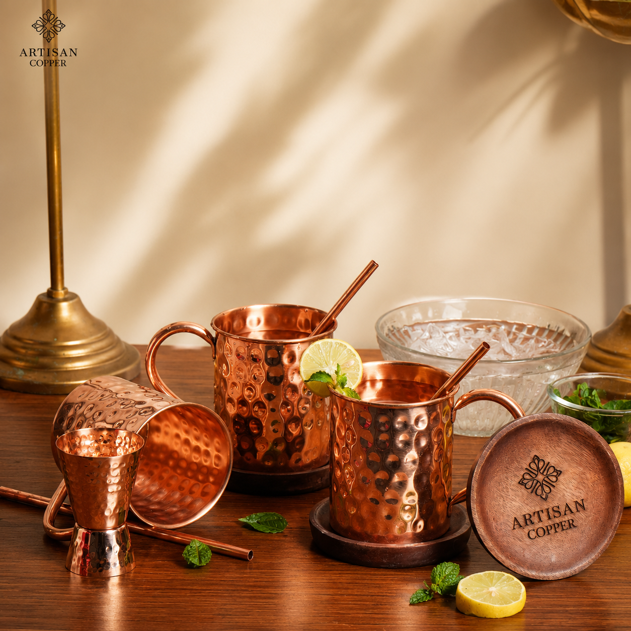 Artisan Copper Pure Copper Moscow Mule Mugs Set of 4 (16 oz) with 4 Copper Straws & 1 Jigger – Handcrafted Hammered Copper Cocktail Cups