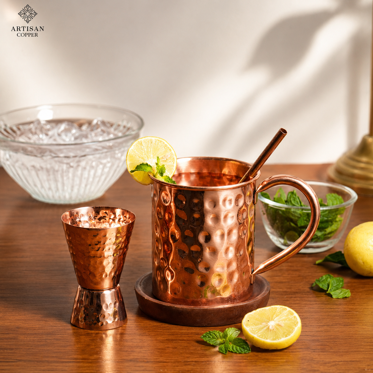 Artisan Copper Pure Copper Moscow Mule Mugs Set of 4 (16 oz) with 4 Copper Straws & 1 Jigger – Handcrafted Hammered Copper Cocktail Cups