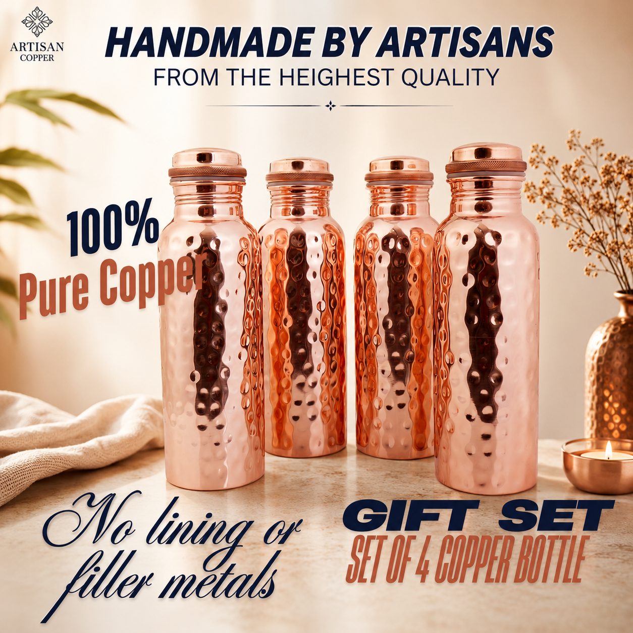Artisan Copper Set of 4 Pure Copper Water Bottles (25 oz/750 ml) – Handcrafted Food-Grade Copper, Leakproof Ayurvedic Drinking Bottles