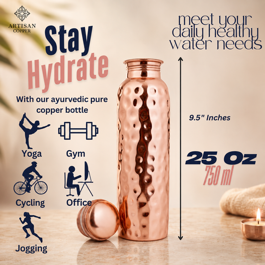 Artisan Copper Set of 4 Pure Copper Water Bottles (25 oz/750 ml) – Handcrafted Food-Grade Copper, Leakproof Ayurvedic Drinking Bottles