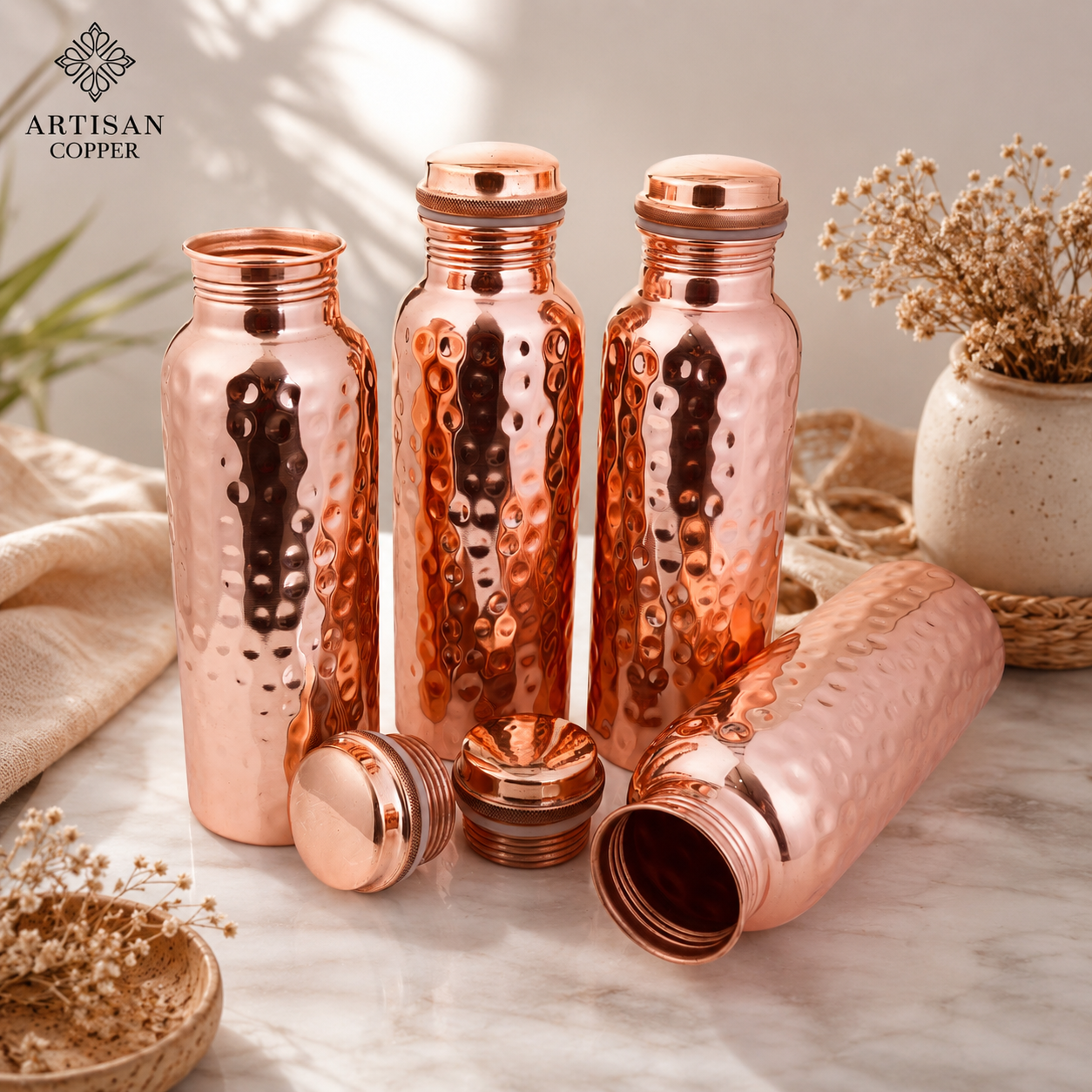 Artisan Copper Set of 4 Pure Copper Water Bottles (25 oz/750 ml) – Handcrafted Food-Grade Copper, Leakproof Ayurvedic Drinking Bottles