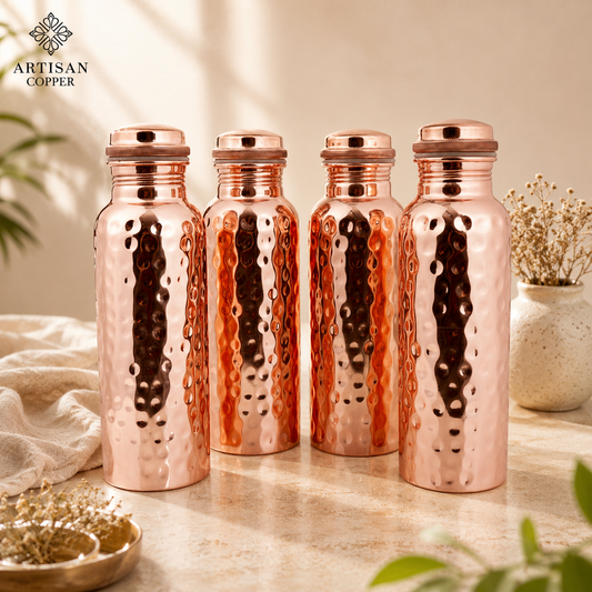 Artisan Copper Set of 4 Pure Copper Water Bottles (25 oz/750 ml) – Handcrafted Food-Grade Copper, Leakproof Ayurvedic Drinking Bottles