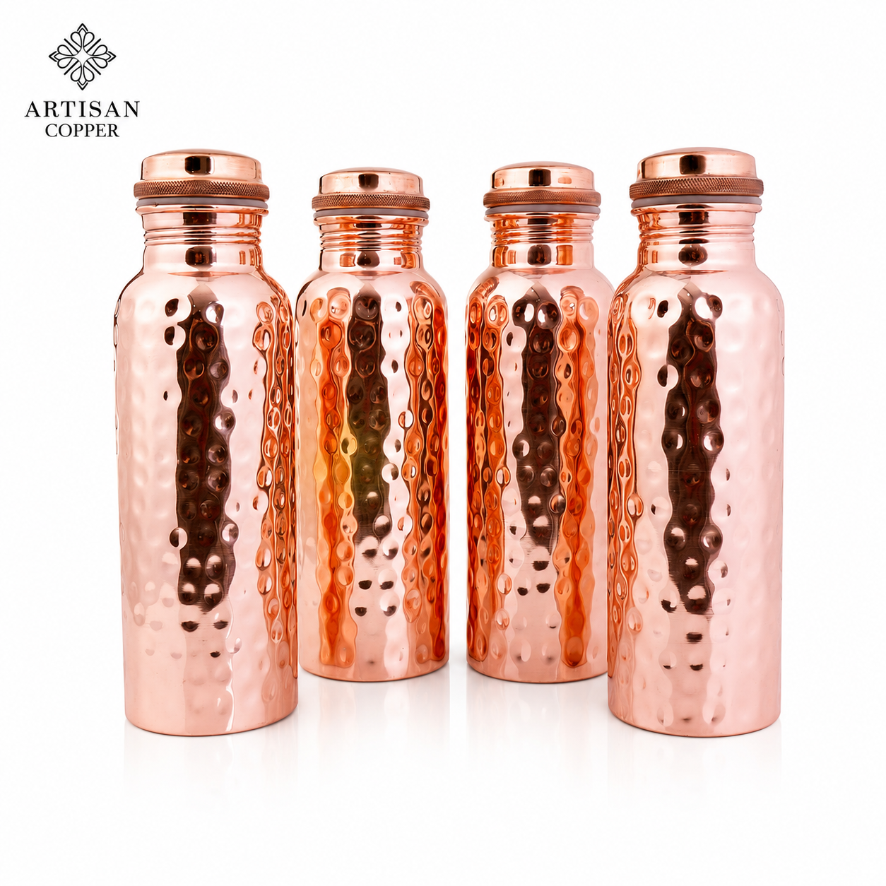 Artisan Copper Set of 4 Pure Copper Water Bottles (25 oz/750 ml) – Handcrafted Food-Grade Copper, Leakproof Ayurvedic Drinking Bottles