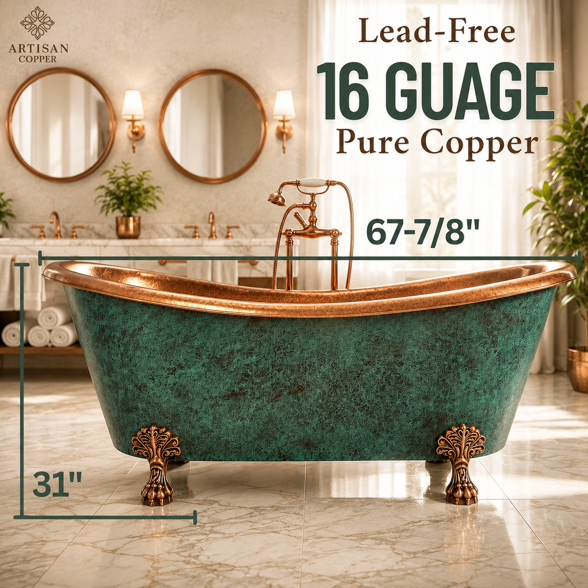 Artisan Copper Patina Clawfoot Freestanding Bathtub – Hand-Hammered Antique Copper Interior with Blue-Green Patina Exterior & Lion Paw Feet