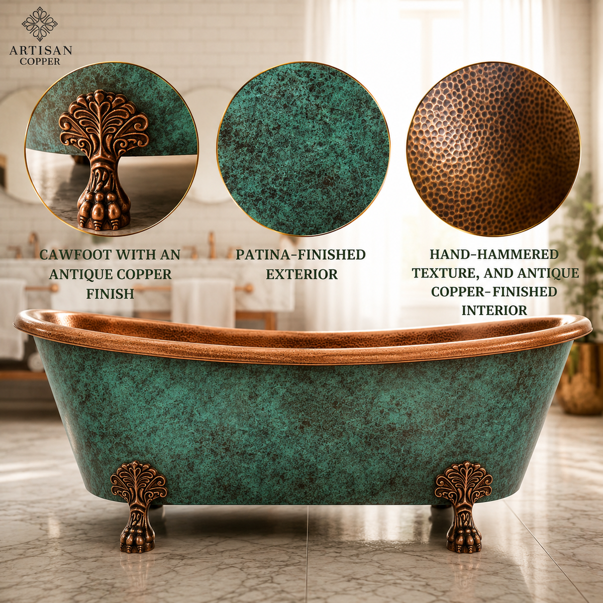 Artisan Copper Patina Clawfoot Freestanding Bathtub – Hand-Hammered Antique Copper Interior with Blue-Green Patina Exterior & Lion Paw Feet