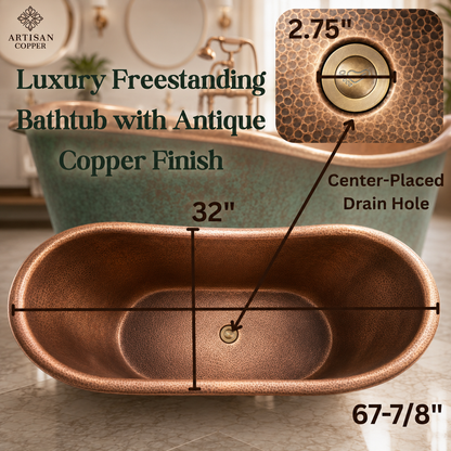 Artisan Copper Patina Clawfoot Freestanding Bathtub – Hand-Hammered Antique Copper Interior with Blue-Green Patina Exterior & Lion Paw Feet