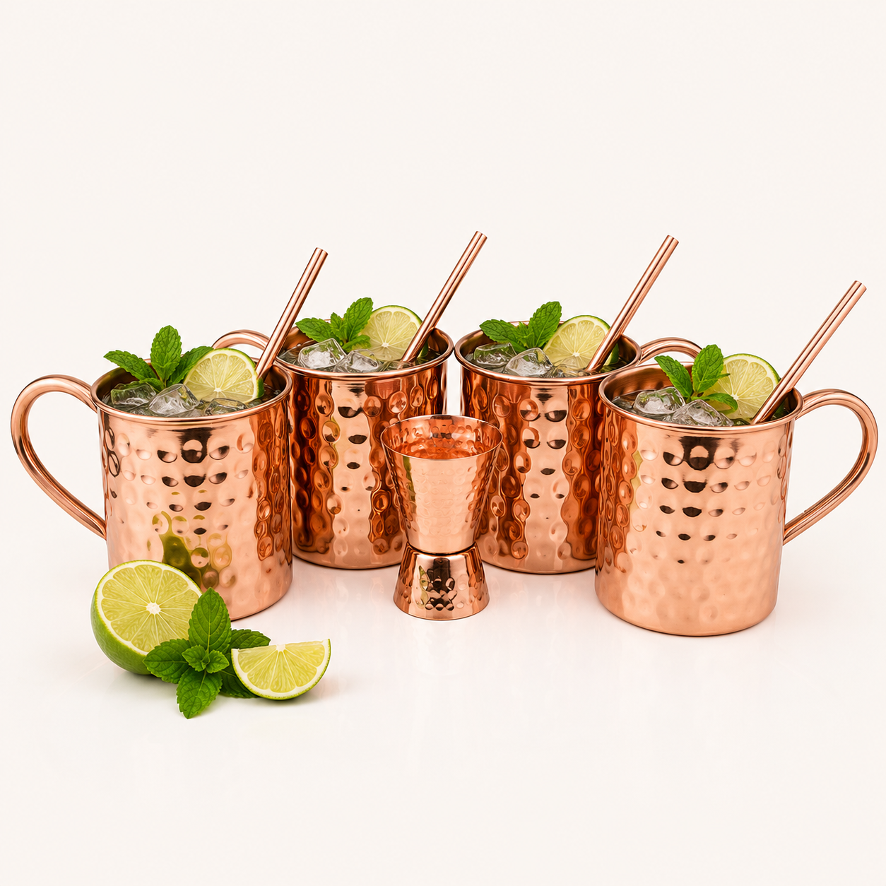 Artisan Copper Pure Copper Moscow Mule Mugs Set of 4 (16 oz) with 4 Copper Straws & 1 Jigger – Handcrafted Hammered Copper Cocktail Cups