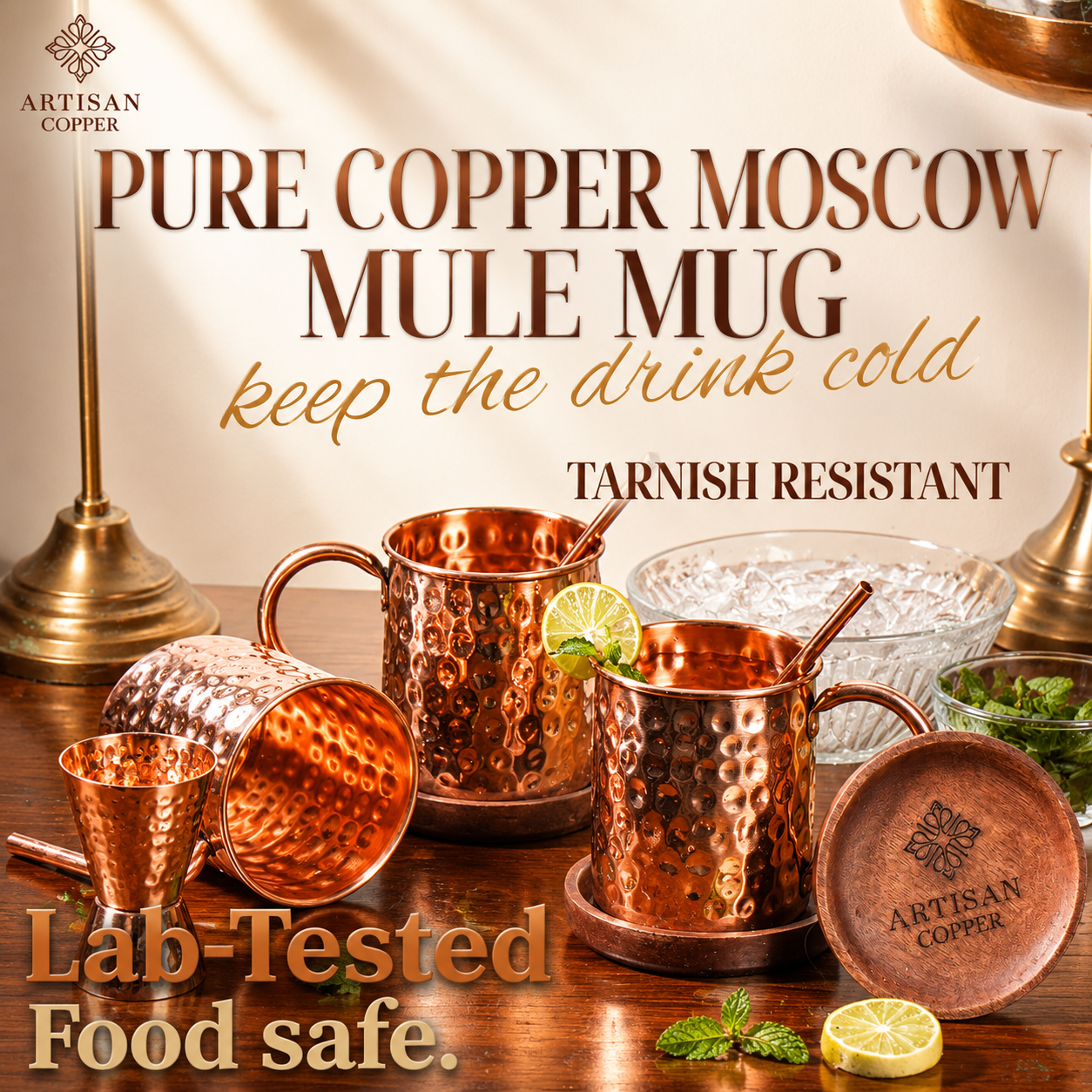 Artisan Copper Pure Copper Moscow Mule Mugs Set of 4 (16 oz) with 4 Copper Straws & 1 Jigger – Handcrafted Hammered Copper Cocktail Cups