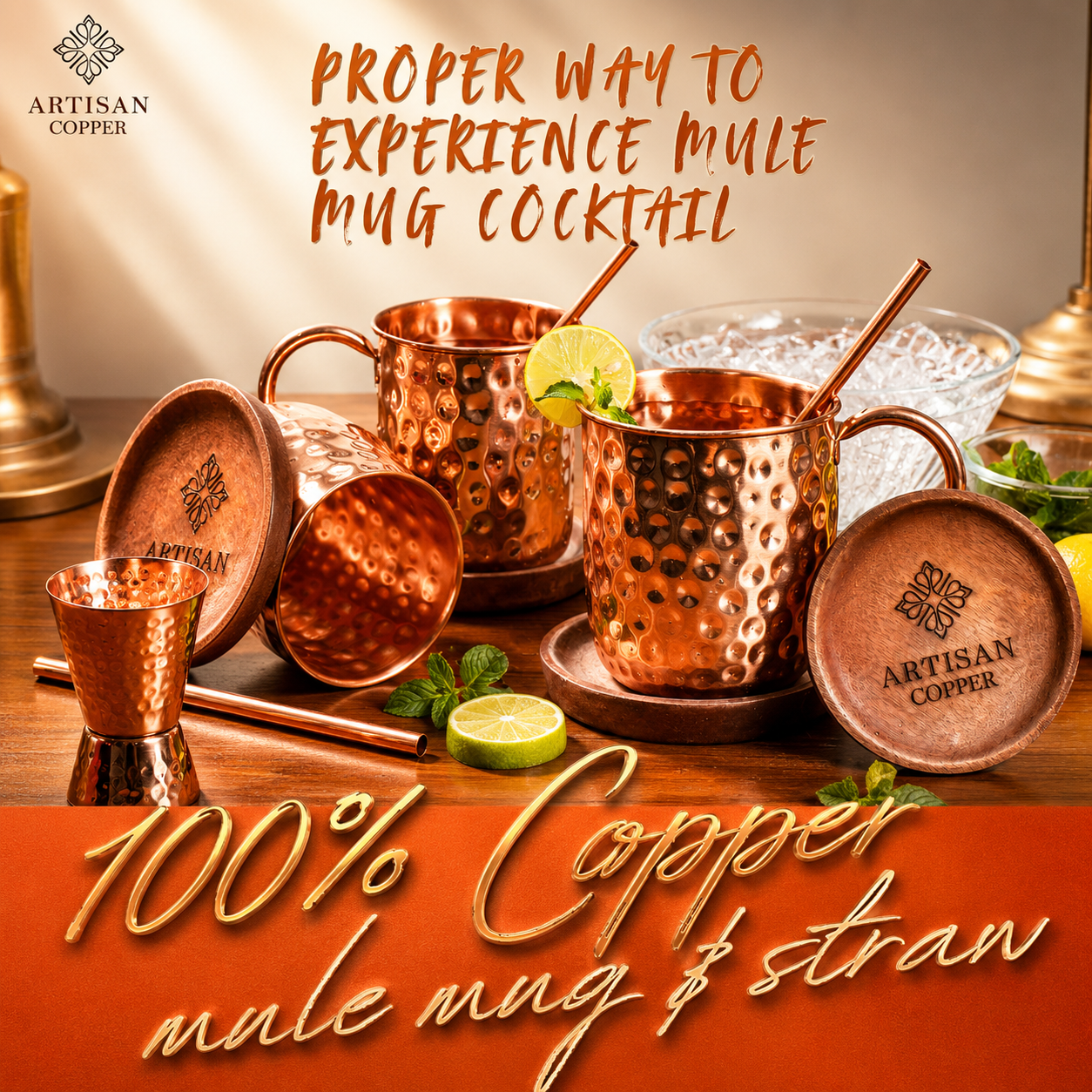 Artisan Copper Pure Copper Moscow Mule Mugs Set of 4 (16 oz) with 4 Copper Straws & 1 Jigger – Handcrafted Hammered Copper Cocktail Cups