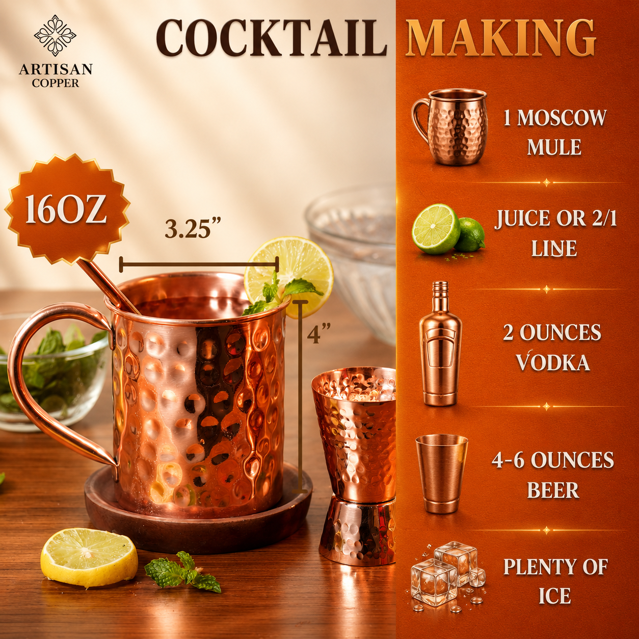 Artisan Copper Pure Copper Moscow Mule Mugs Set of 4 (16 oz) with 4 Copper Straws & 1 Jigger – Handcrafted Hammered Copper Cocktail Cups