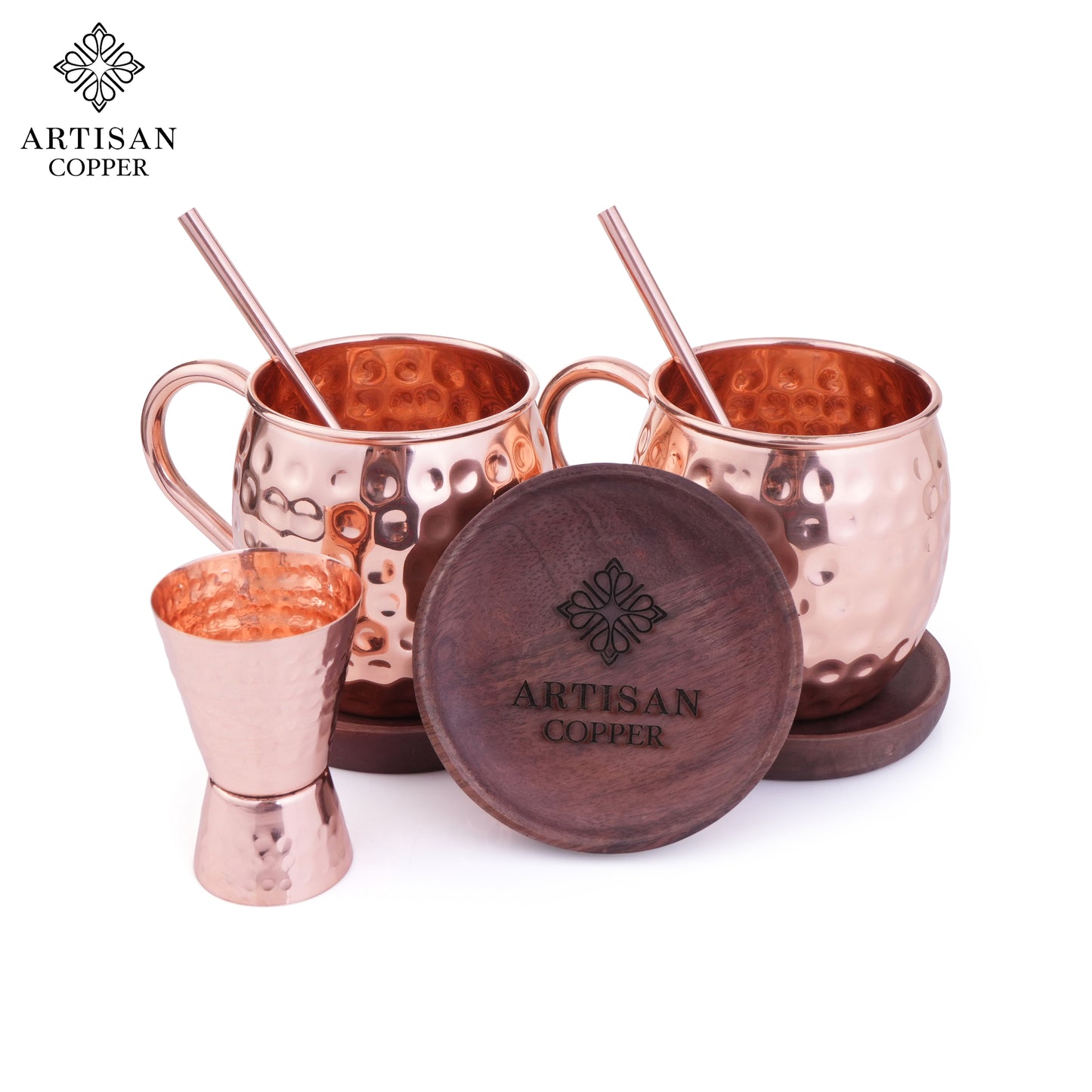 Copper Moscow Mule Mugs Set of 2 (16oz) – Includes 2 straws, 2 wooden coasters & 1 jigger. Handcrafted, 100% pure copper
