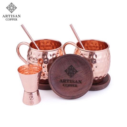 Copper Moscow Mule Mugs Set of 2 (16oz) – Includes 2 straws, 2 wooden coasters & 1 jigger. Handcrafted, 100% pure copper