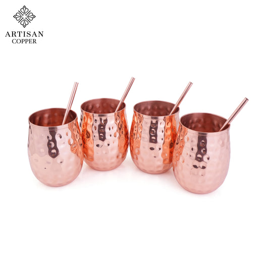 Copper Wine Glasses Set of 4 (12oz) -Includes- 4 Straws – Handcrafted, 100% pure copper