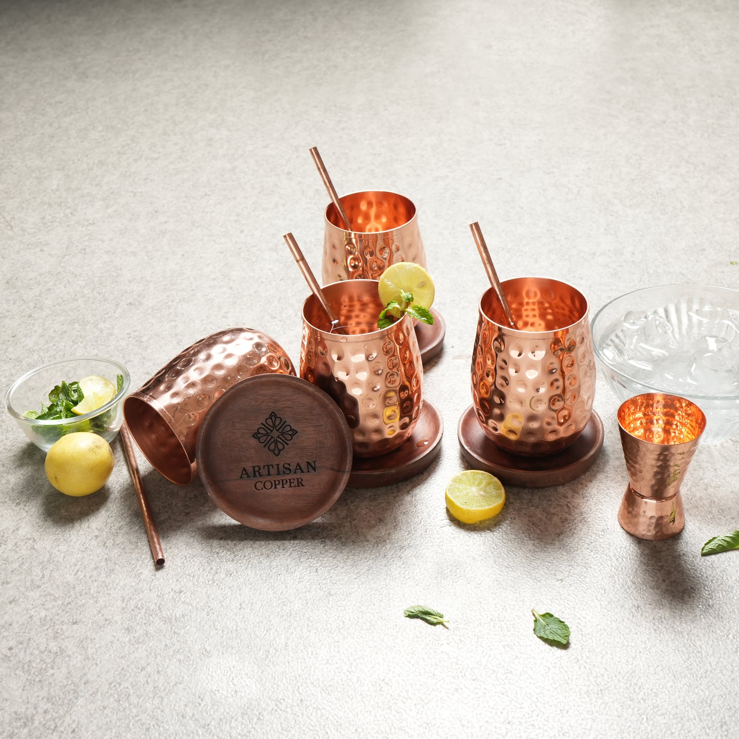 Copper Moscow Mule Mugs Set of 4 (16oz) – Includes 4 straws, 4 wooden coasters & 1 jigger. Handcrafted, 100% pure copper.