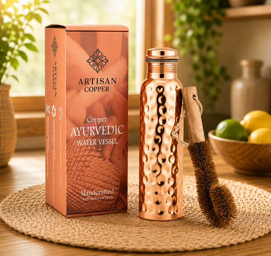 Pure Copper Hammered Bottle (32oz/950ml) With  Wooden Cleaning Brush.
