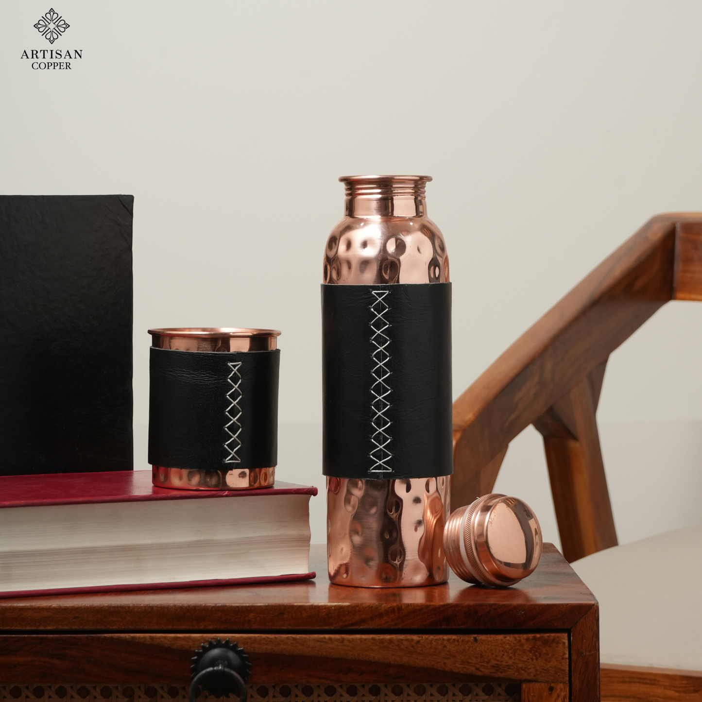 Artisan Copper Pure Copper Hammered Water Bottle (32 oz / 950 ml) with Copper Tumbler, Leather Sleeve & Wooden Cleaning Brush