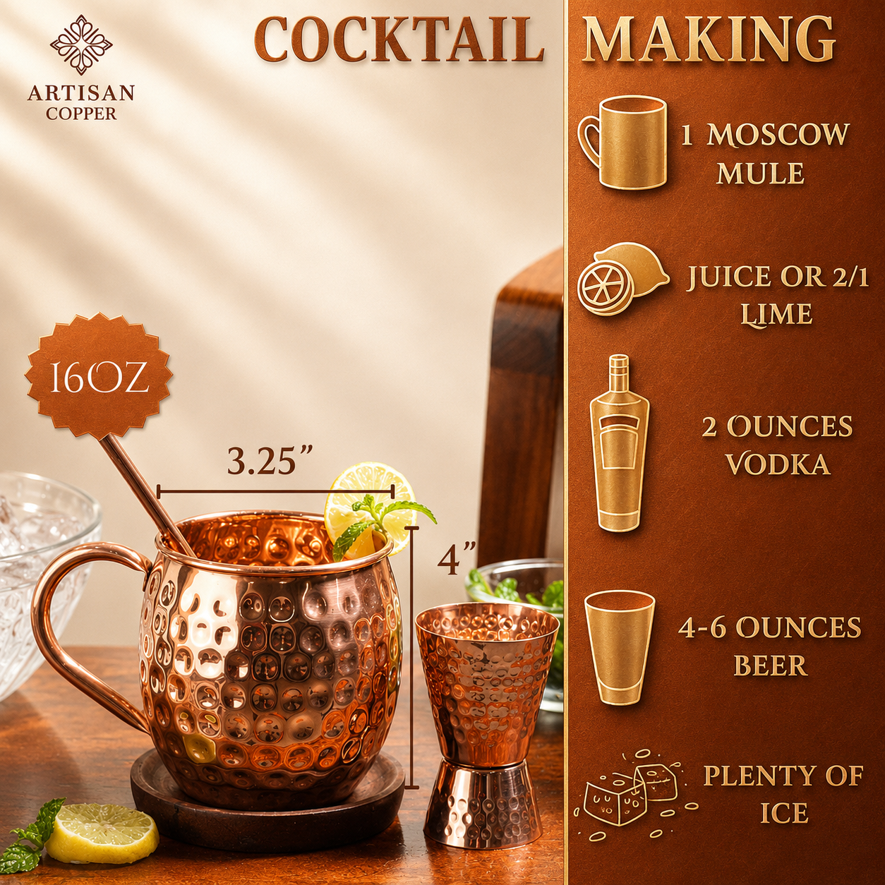 Artisan Copper Pure Copper Moscow Mule Mugs Set of 2 (16 oz) with 2 Copper Straws, 2 Wooden Coasters & 1 Jigger – Handcrafted Hammered Copper Cocktail Cups