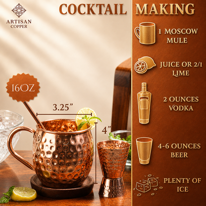 Copper Moscow Mule Mugs Set of 2 (16 oz) with 2 Copper Straws, 2 Wooden Coasters & 1 Jigger – Handcrafted Hammered Copper Cocktail Cup