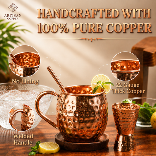 Artisan Copper Pure Copper Moscow Mule Mugs Set of 2 (16 oz) with 2 Copper Straws, 2 Wooden Coasters & 1 Jigger – Handcrafted Hammered Copper Cocktail Cups
