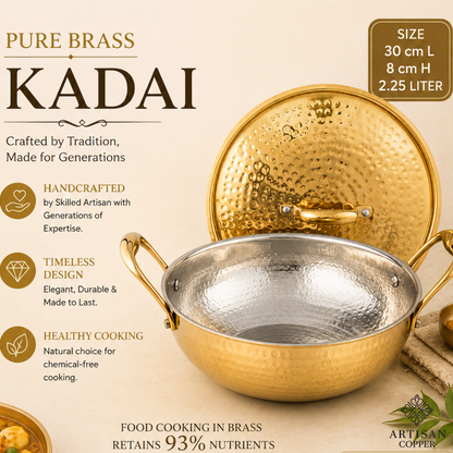 Brass Kadai with Tin-Lined Interior & Brass Lid – 30 cm, 2.25 Litre