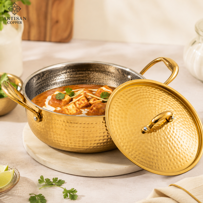 Brass Kadai with Tin-Lined Interior & Brass Lid – 30 cm, 2.25 Litre