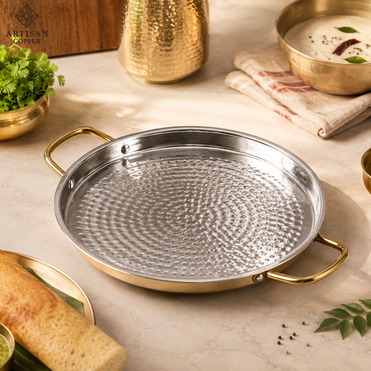 Brass Dosa Tawa – Pure Brass Handcrafted Tin-Lined Indian Griddle, 16 × 12 Inch