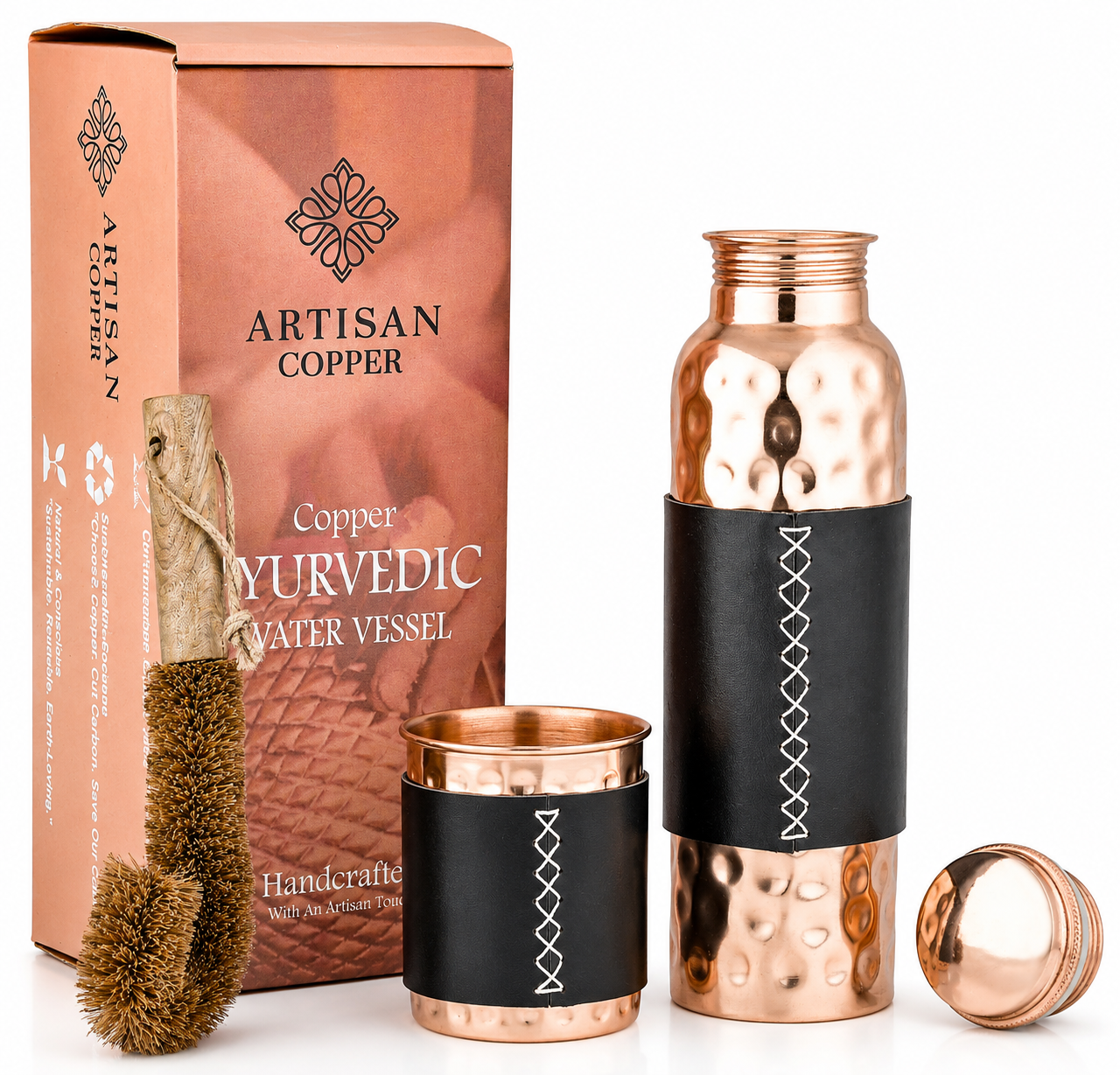 Pure Copper Hammered Bottle (32oz/950ml) With Leather Sleeve,  Tumbler & Wooden Cleaning Brush.
