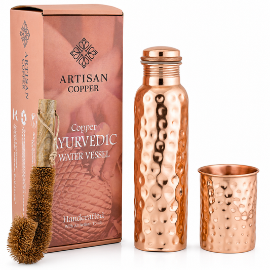 Pure Copper Hammered Bottle (32oz/950ml) With Tumbler & Wooden Cleaning Brush.