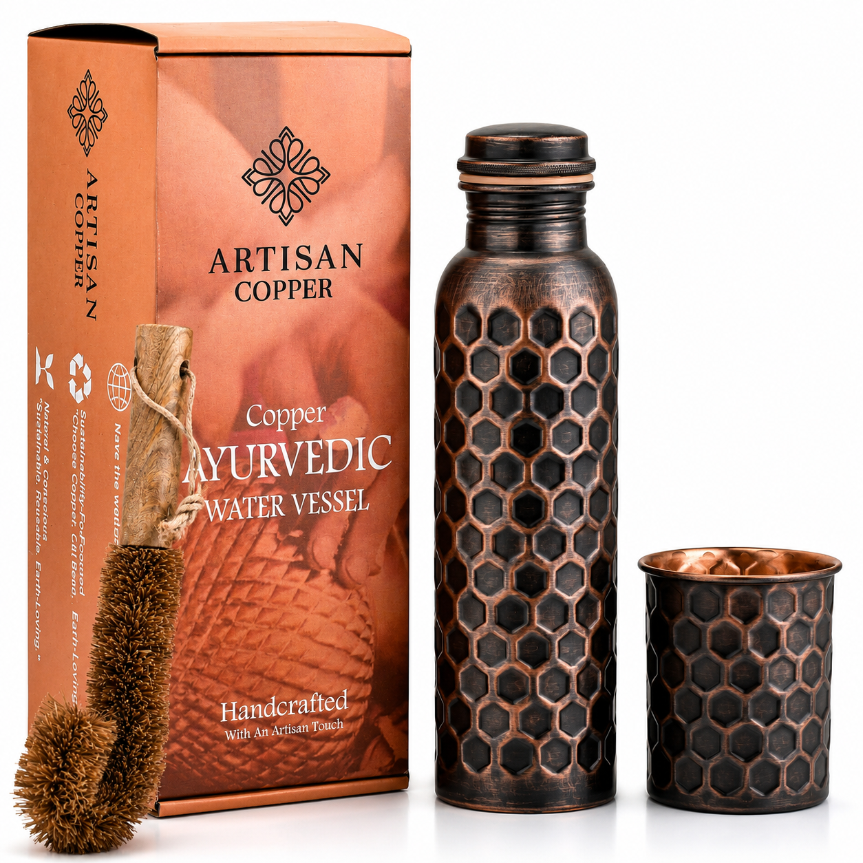 Pure Copper Diamond Hammered Bottle (32oz/950ml) With Tumbler & Wooden Cleaning Brush.