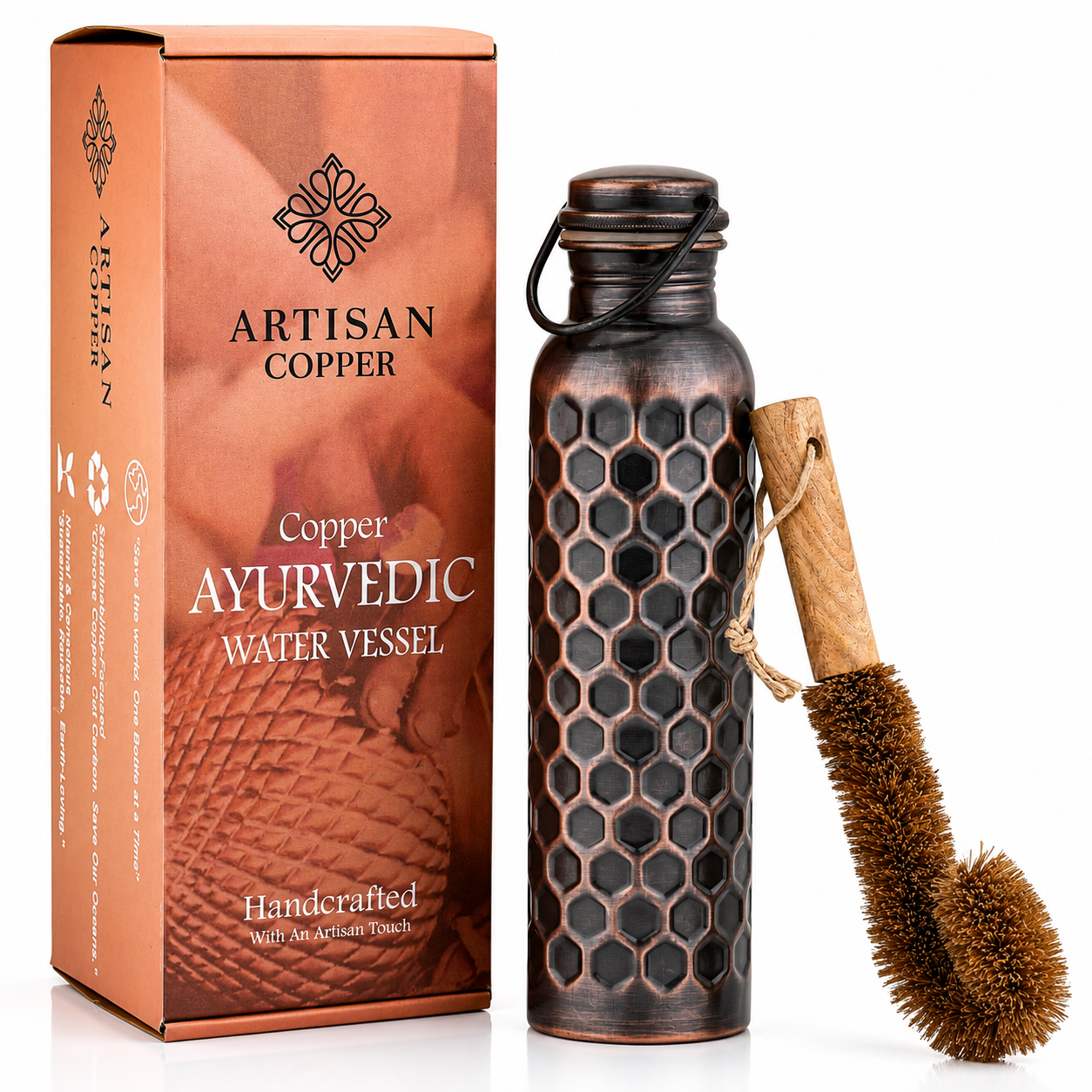 Pure Copper Diamond Hammered Bottle (32oz/950ml) With  Wooden Cleaning Brush.