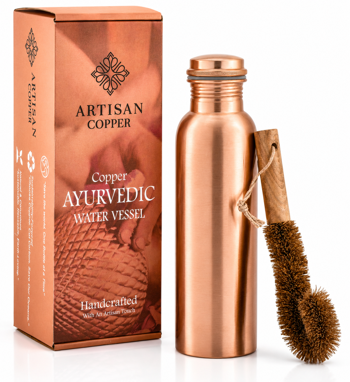 Pure Copper Smooth Bottle (32oz/950ml) With Wooden Cleaning Brush.