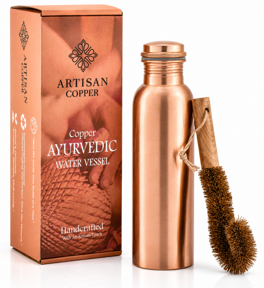 Pure Copper Smooth Bottle (32oz/950ml) With Wooden Cleaning Brush.