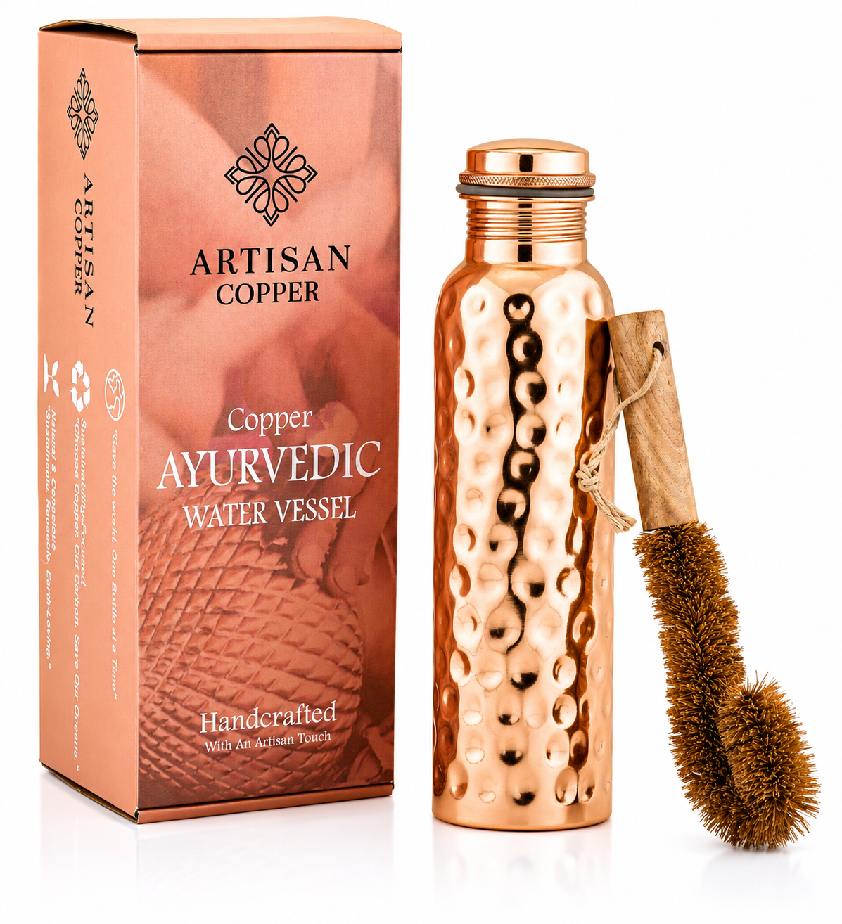 Pure Copper Hammered Bottle (32oz/950ml) With  Wooden Cleaning Brush.