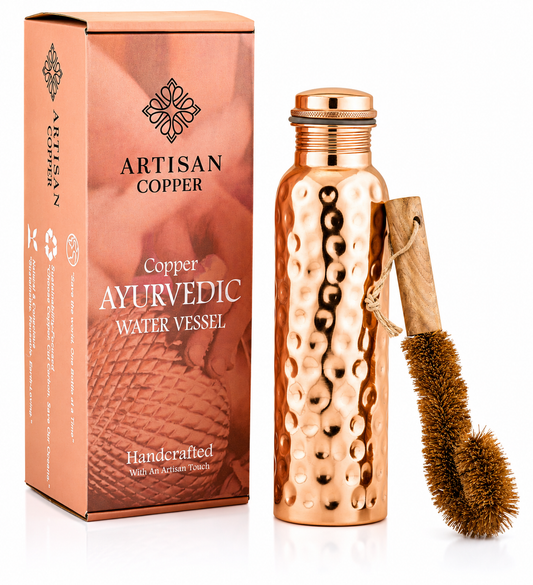 Pure Copper Hammered Bottle (32oz/950ml) With  Wooden Cleaning Brush.