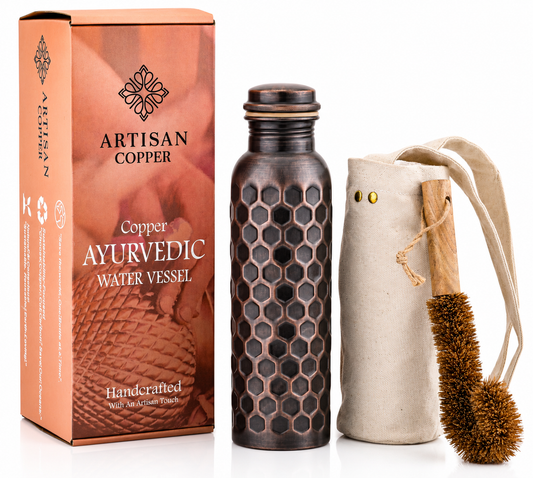 Pure Copper Diamond Hammered Bottle (32oz/950ml) With Canvas Carrying Bag & Wooden Cleaning Brush.