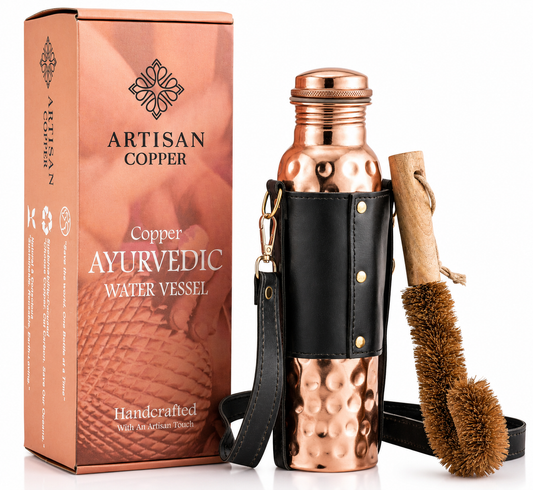 Pure Copper Hammered Bottle (32oz/950ml) With Leather Sling Bag & Wooden Cleaning Brush.