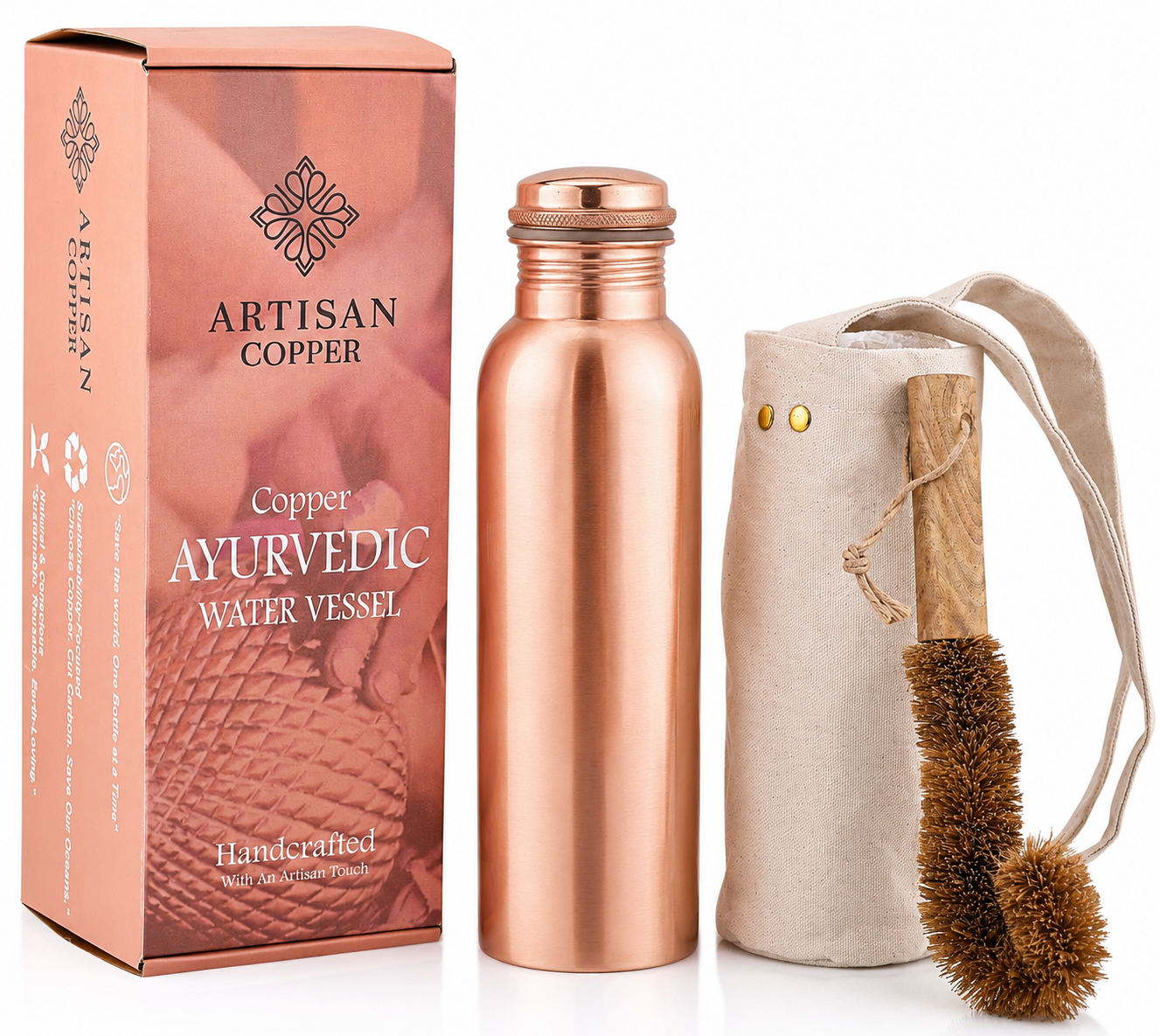 Artisan Copper Pure Copper Smooth Water Bottle (32 oz / 950 ml) with Canvas Carrying Bag & Wooden Cleaning Brush
