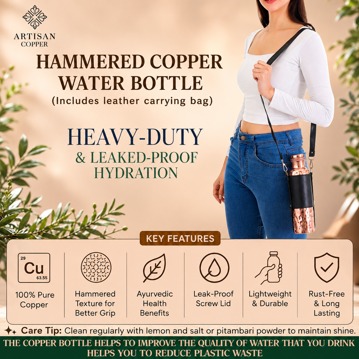 Artisan Copper Pure Copper Hammered Water Bottle (32 oz / 950 ml) with Leather Sling Bag & Wooden Cleaning Brush