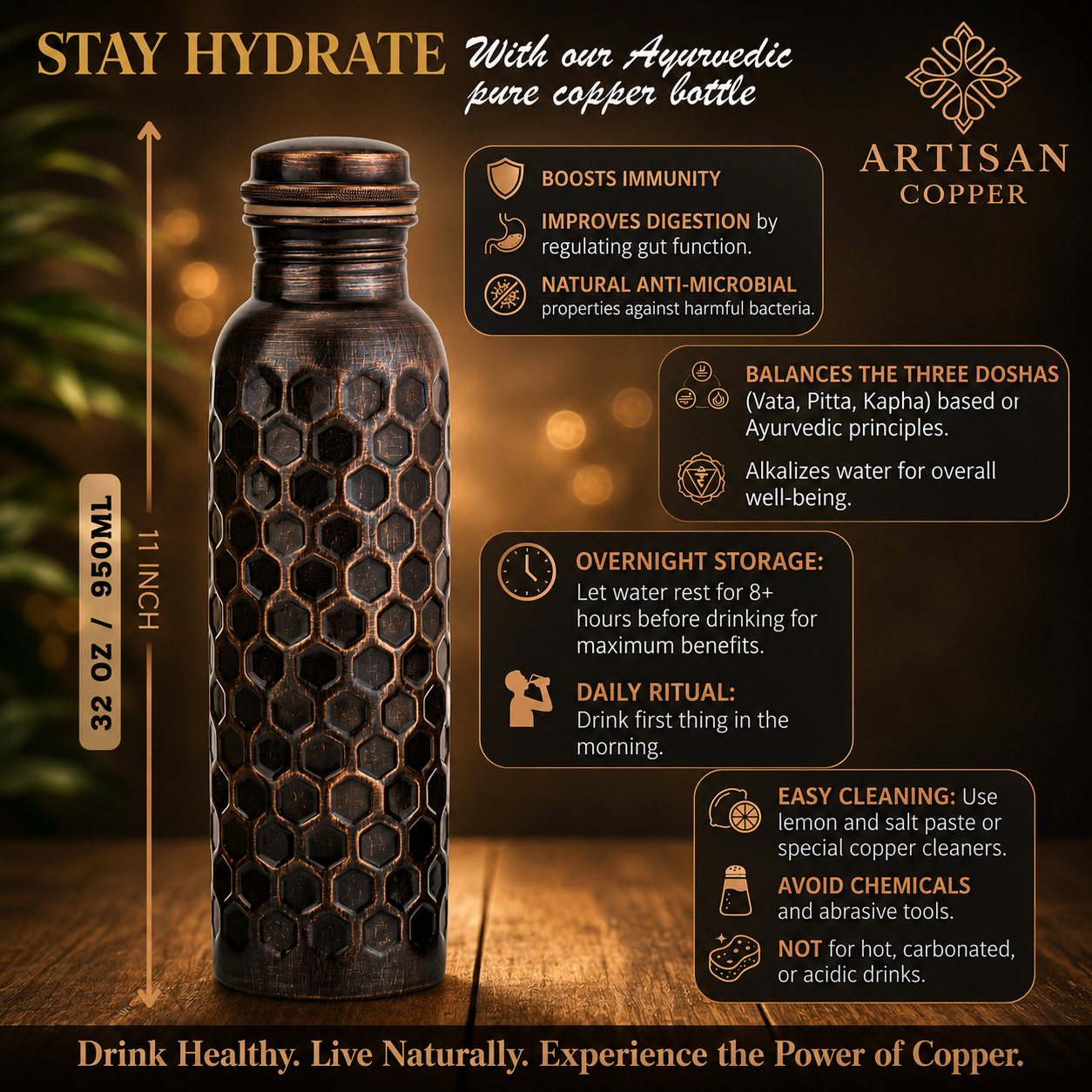Artisan Copper Diamond Hammered Pure Copper Water Bottle (32 oz / 950 ml) with Wooden Cleaning Brush