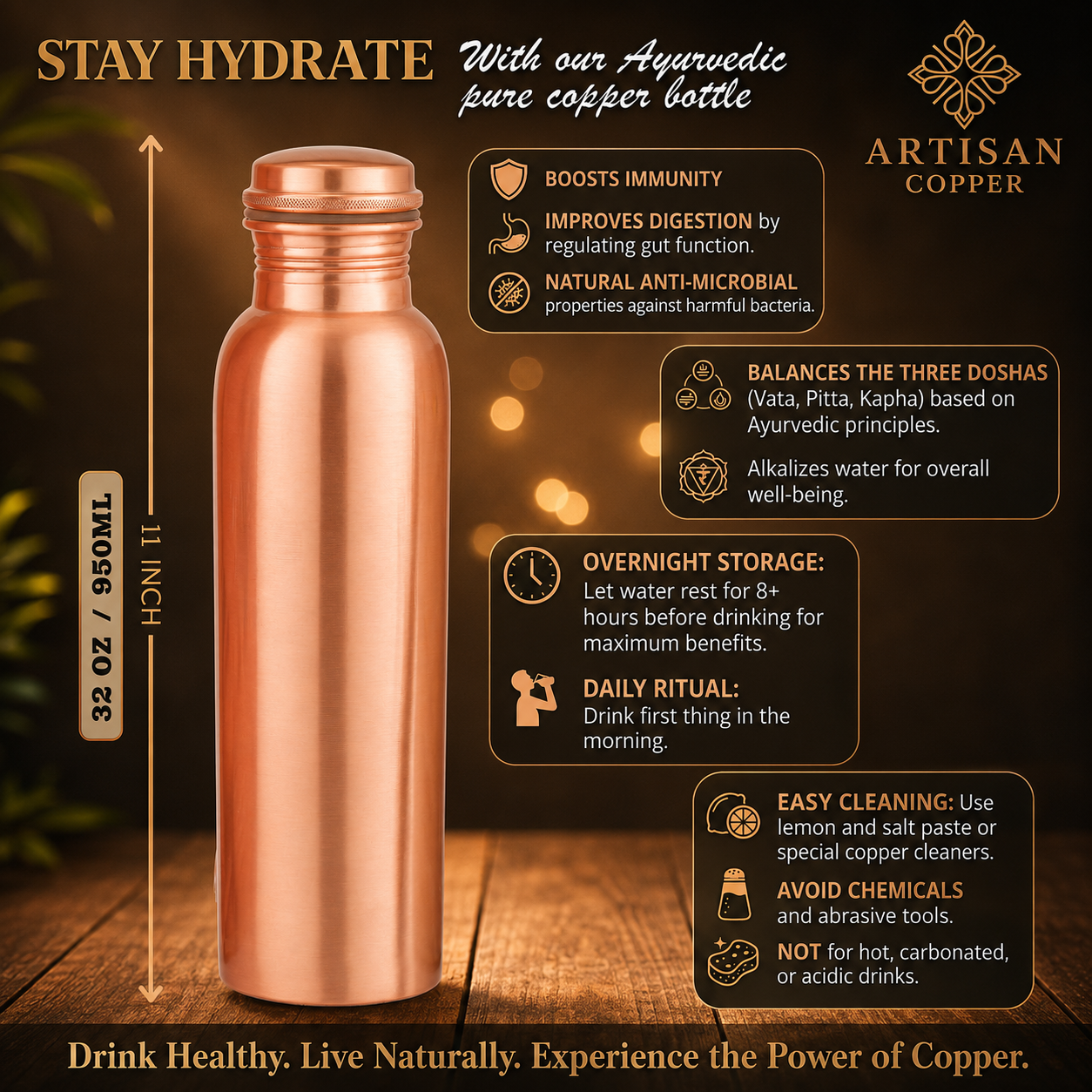 Artisan Copper Pure Copper Smooth Water Bottle (32 oz / 950 ml) with Copper Tumbler & Wooden Cleaning Brush