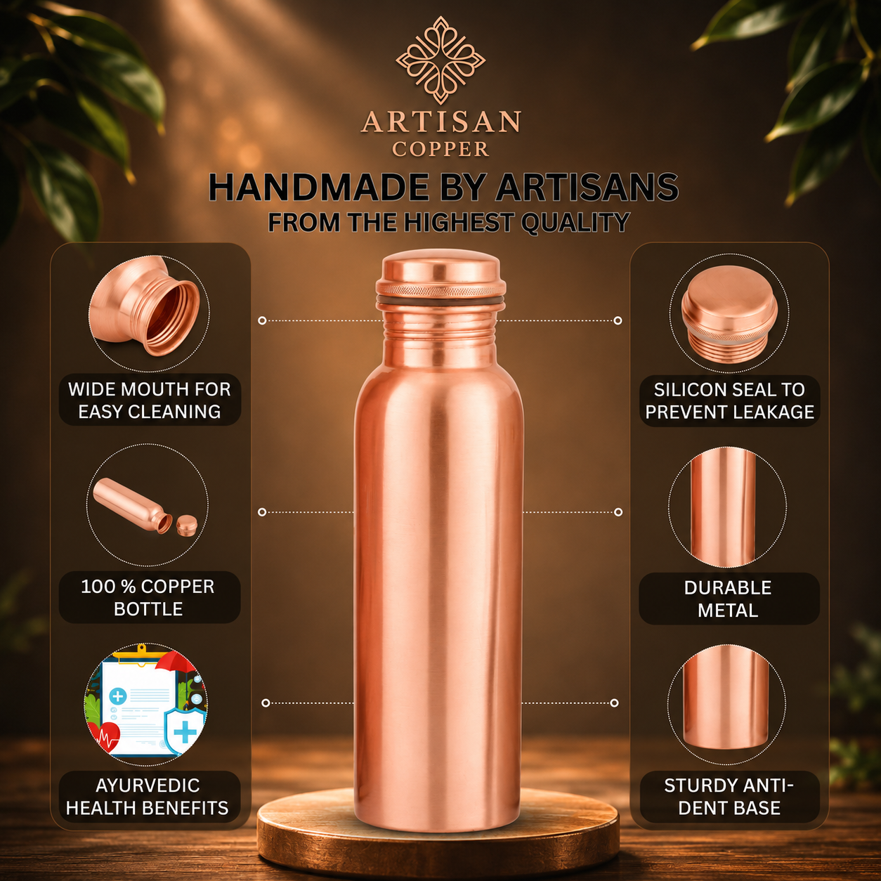 Artisan Copper Pure Copper Smooth Water Bottle (32 oz / 950 ml) with Copper Tumbler & Wooden Cleaning Brush