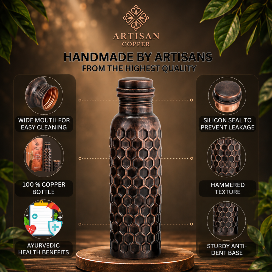 Artisan Copper Diamond Hammered Pure Copper Water Bottle (32 oz / 950 ml) with Wooden Cleaning Brush