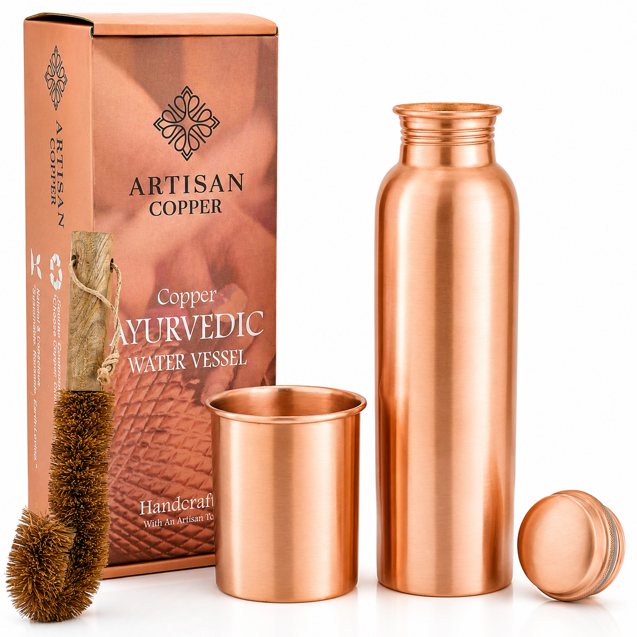Pure Copper Smooth Bottle (32oz/950ml) With  Tumbler & Wooden Cleaning Brush.